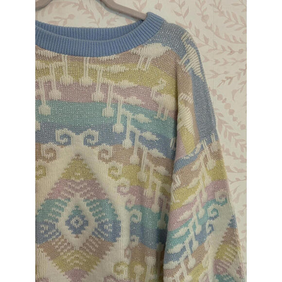 80's Vintage Pastel Geometric Lurex Rainbow Knit Sweater - Picture 4 of 9